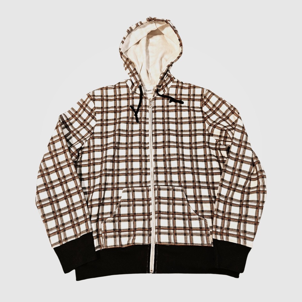 Vintage Bonnie Evans Plaid Full-Zip Hoodie - Brown & Cream Tartan Check Plaid L